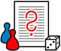 Piktogramm, das ein beschriebenes Blatt Papier mit rotem Fragezeichen zeigt. Links davon befindet sich eine rote und eine blaue Spielfigur, rechts davon ein Würfel.