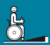 Piktogramm zur Barrierefreiheit, welches eine Person im Rollstuhl zeigt.