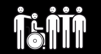 Piktogramm, auf dem zwei Personen in eine Gruppe eingeschlossen werden. Eine Person sitzt im Rollstuhl.