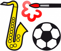 Piktogramm, das links ein gelbes Saxophon, rechts einen Fußball und oberhalb der beiden eine Pinsel zeigt, der eine rote Blume malt.