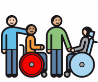 Piktogramm, das 4 diverse Personen zeigt, die sich berühren. Zwei Personen stehen neben abwechselnd neben zwei Personen im Rollstuhl.
