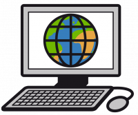 Piktogramm, das einen Computer-Bildschirm mit einer Weltkarte zeigt sowie Tastatur und Maus zeigt.