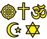 Piktogramm, das die Symbole der 5 großen Weltreligionen zeigt: Ein Rad, ein Kreuz, ein Om-Zeichen, ein Halbmond mit Stern, ein Davidstern.