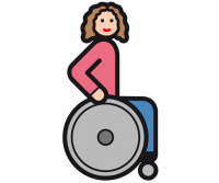 Piktogramm einer Person mit langen Haaren, die im Rollstuhl sitzt.